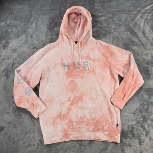 HUF Sweatshirt Hoodie Adult M Pink Fleece Tie Dye Graphic Logo Drawstring Pocket